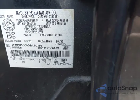 2013 Ford Edge Sel из США, поврежденный, VIN 2FMDK3JC9DBC90356